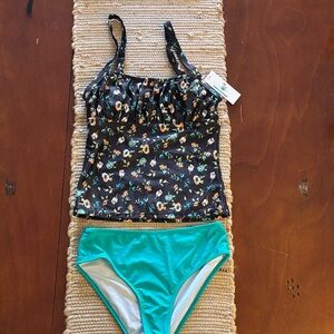 Floral Black Tankini Top with Teal Bottoms